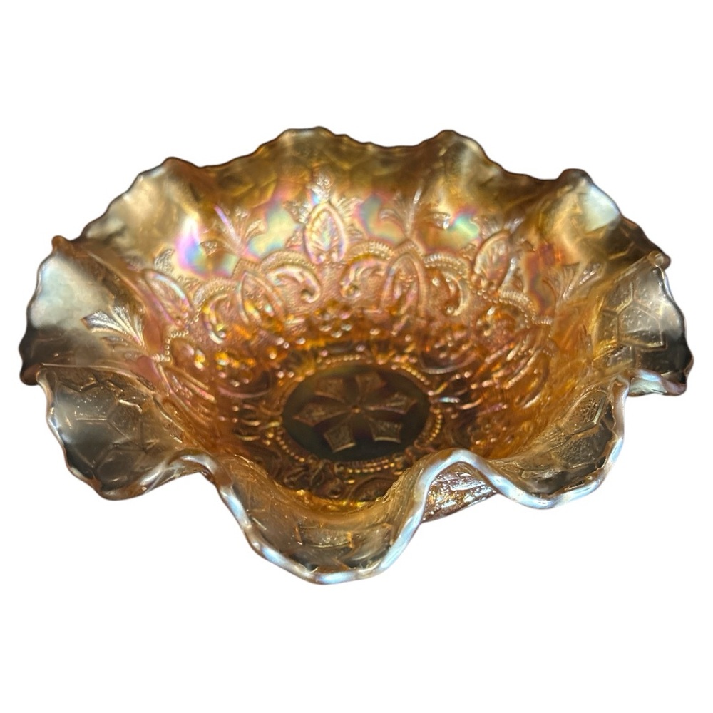 Vintage‎ Carnival Glass Ruffled Bowl Marigold Iridescent Floral 5" Candy Dish